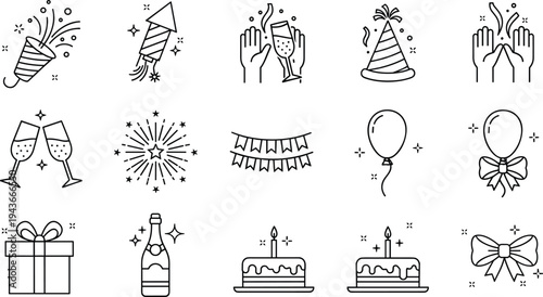 Celebration and holiday party line icon set with birthday cake, champagne, balloons, and festive event elements.