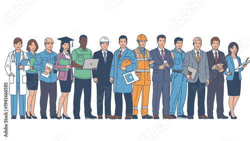 Illustration of diverse professionals standing in a line, various occupations and attire, against a clean white background with a neutral mood.