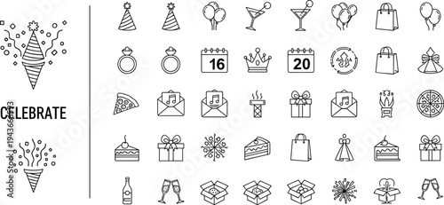 Celebration and party flat vector icon set with colorful illustrations for birthday, holiday, and event planning.