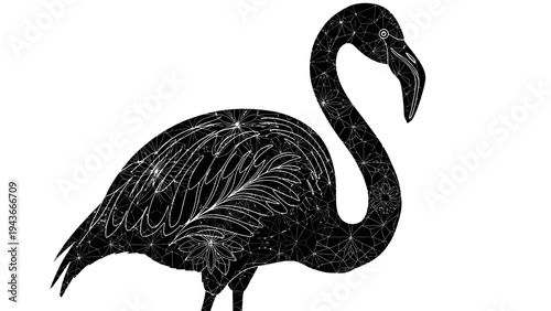 Black illustration of a flamingo standing on a white background with detailed feathers and a long neck.