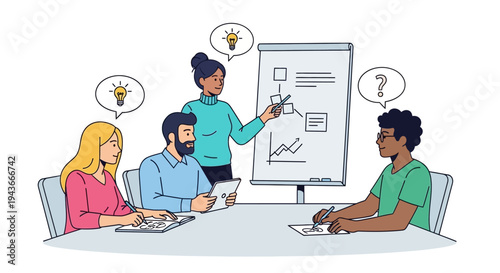 Team meeting with presentation and ideas brainstorming.