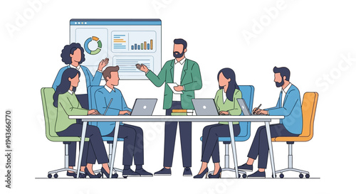 Team meeting with presentation and laptops on table.