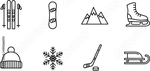 Editable outline icons collection for winter sports and activities