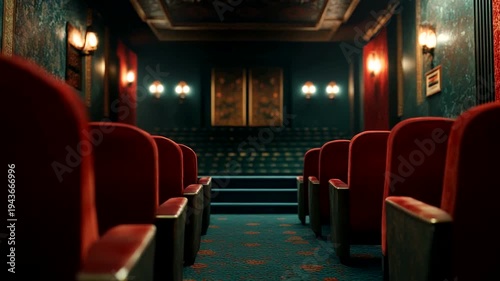Empty vintage theater with red seats and ornate decor