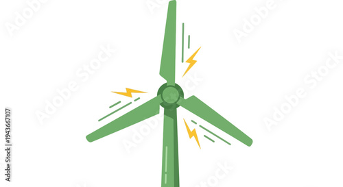 Green wind turbine generating clean energy with lightning bolt symbols