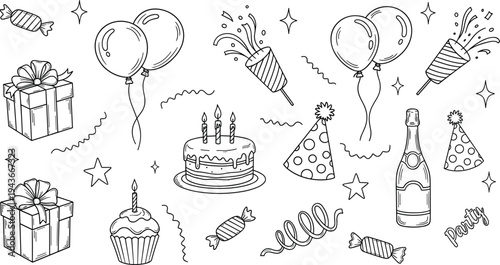 Festive party and celebration icon set featuring colorful flat vector illustrations for birthdays, holidays, and event planning.