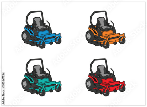 Cuadro en lienzo Four colorful illustrations of zero turn riding lawn mowers on white