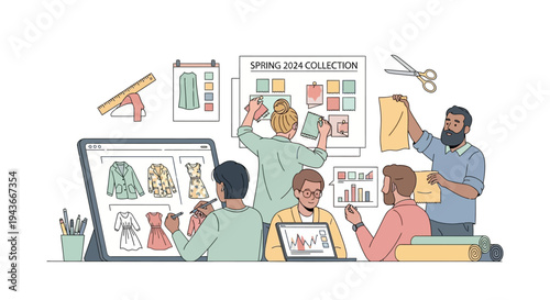 Team of designers collaborating on fashion collection development.