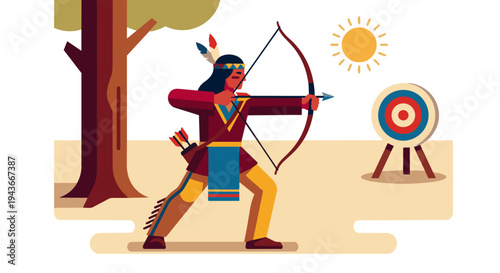Native American Warrior Practicing Archery

Flat vector illustration of a Native American warrior practicing archery with a bow and arrow. Target or tree trunk in background. 