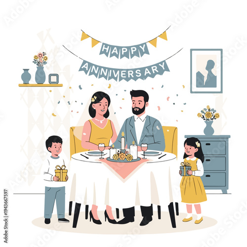 Family celebrating a special occasion with gifts, dinner, and festive decorations