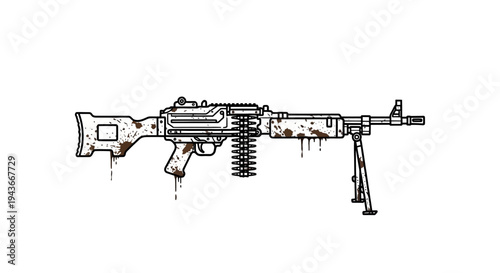Grunge Machine Gun Illustration, Dirty Weapon Art, Military Combat Concept