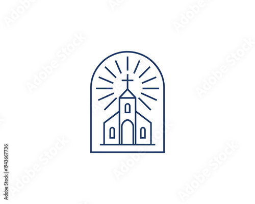 Church Building Outline Logo with Cross and Rays of Light Religious Symbol Minimalist Stock Illustration
