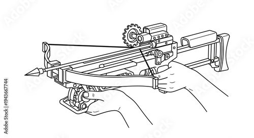 Hand loading a crossbow with a bolt, aiming, hunting, sport, and weapon concept