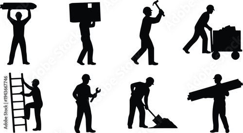 Construction worker silhouettes set, builders carrying tools ladder hammer cart and working activity vector collection