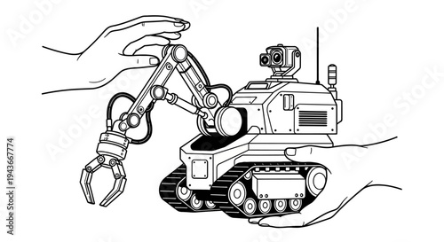 Hands holding a small robot with a claw arm, futuristic technology concept