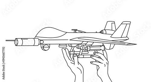 Hands holding drone with missiles, military drone, aerial vehicle, surveillance, attack drone