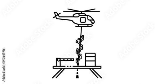 Helicopter rescue operation, people climbing rope, evacuation from platform