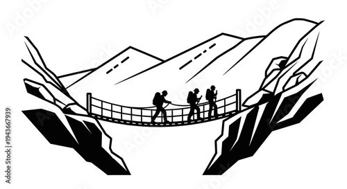 Hikers Crossing Suspension Bridge Over Mountain Chasm