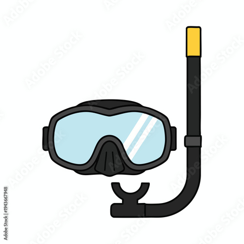 Black snorkel mask with blue lenses and yellow mouthpiece, isolated on white