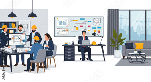 Team of Engineers Collaborating on Project in Modern Office.