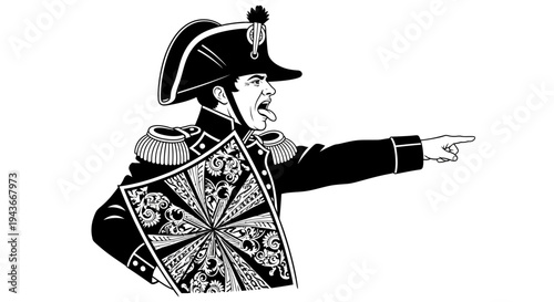 Historical Military Officer with Shield and Tongue Out, Pointing Forward