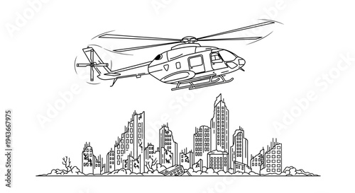 Helicopter flying over destroyed city skyline, post-apocalyptic urban landscape, disaster scene