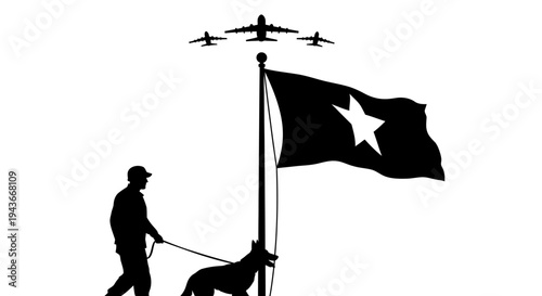 Patriotic Silhouette: Soldier, K9, Flag, and Airplanes - Symbol of Security and Freedom