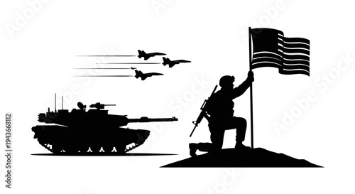 Patriotic Soldier Raising American Flag with Tank and Fighter Jets Silhouette