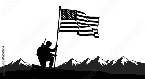 Patriotic Soldier Kneeling with American Flag on Mountain Summit