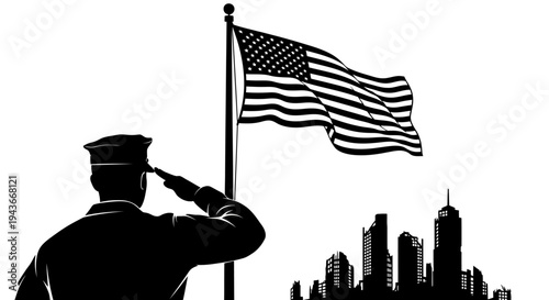 Patriotic Soldier Salutes American Flag Over City Skyline Silhouette