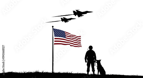Patriotic Soldier, Military Dog, and Fighter Jets Fly Over American Flag