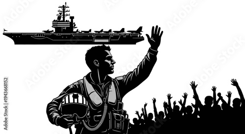Pilot Salutes Crowd Waving Goodbye with Aircraft Carrier in Background