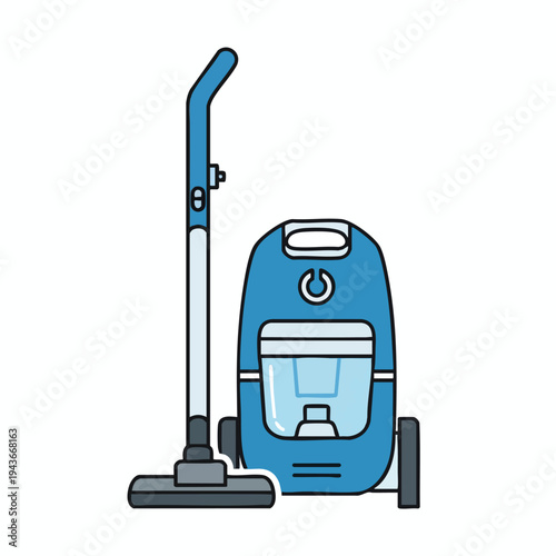Blue canister vacuum cleaner with upright wand and floor head on white background