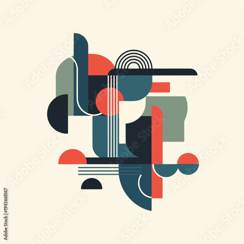 Geometric composition with shapes of various sizes, colors, and textures