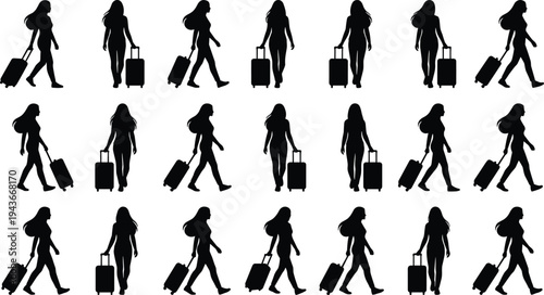 Woman traveler walking with suitcase silhouettes set, female passenger travel luggage airport journey vector collection
