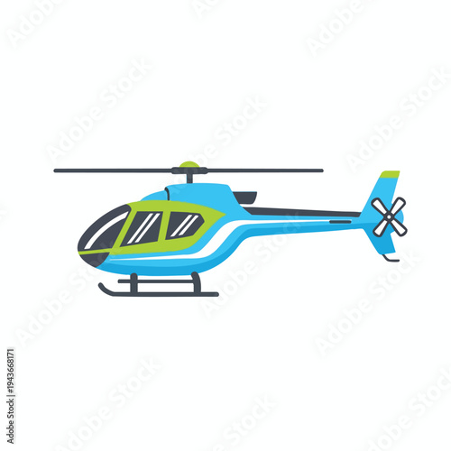 Blue and green helicopter illustration with blades and skids