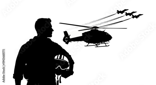 Pilot Silhouette with Helicopter and Fighter Jets Formation