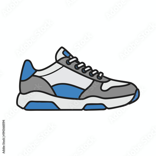 Side view of a white, gray, and blue athletic shoe with laces