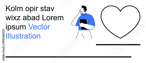 Education, creativity, health, design, emotions, planning. A man holds a notebook next to a heart symbol and placeholder text. Creativity and emotions concept