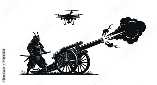 Samurai Warrior Fires Cannon with Drone Overhead: Fusion of Past and Future Technology