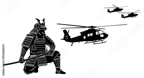 Samurai Warrior Kneeling with Helicopters Flying Overhead - Historical Contrast