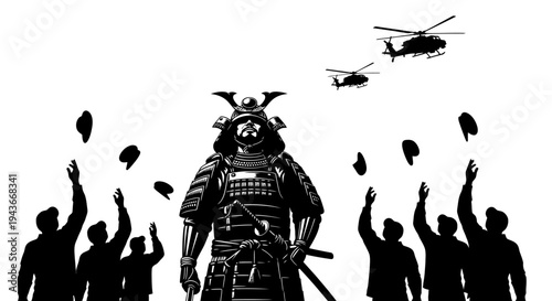 Samurai Warrior Standing Tall Amidst Helicopters and Cheering Crowd Silhouette