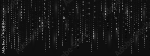 Abstract binary Rain. Dynamic light effect. Data flow with programming symbols on futuristic backdrop. Cyber technology and security theme. Vector illustration.