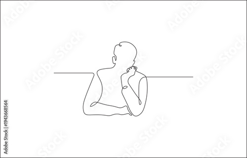 Continuous line drawing of a pensive man sitting with his chin resting on his hand in contemplation.