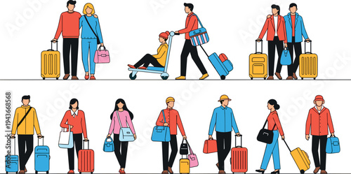 Travelers Walking with Suitcases Vector Set People at Airport with Luggage Bags Modern Travel Lifestyle Illustration