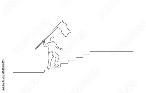 Continuous line drawing of a man climbing stairs holding a flag symbol of success and achievement.