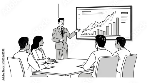 A businessman presents a graph on a screen to four colleagues seated around a table in a meeting with a professional mood.