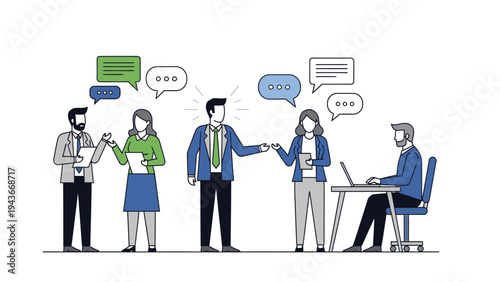Illustration of a diverse group of business professionals communicating and collaborating in an office setting with a clean white background.