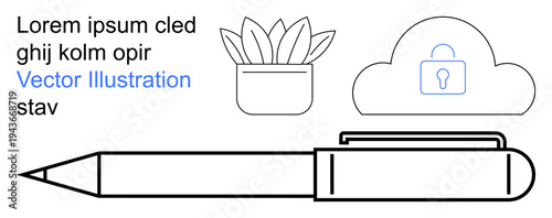 Cloud computing, data security, writing tools, digital storage, minimalism, office workspace. A pen, lock on a cloud and plant in line art style. Cloud computing and data security concept