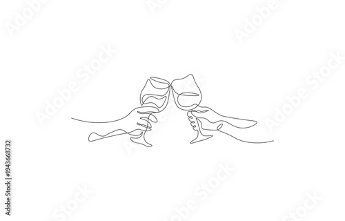 Continuous line drawing of two hands holding wine glasses and clinking them in a celebratory toast